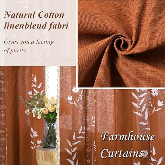 Burnt Orange Boho Tassel Floral Curtains 84" Long Terracotta 2 Panels Linen Look - Picture 3 of 12
